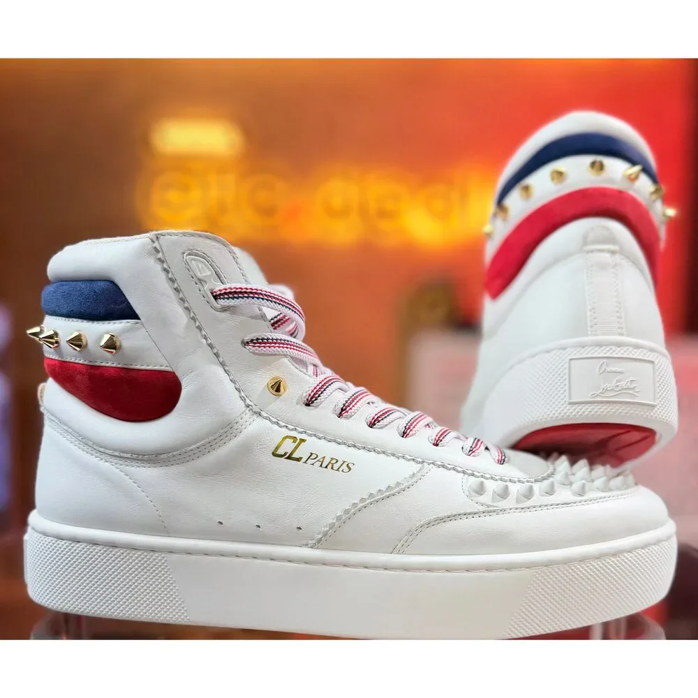 Christian Louboutin Louis Spikes High Top Sneakers White Red Navy Gold EU 40.5